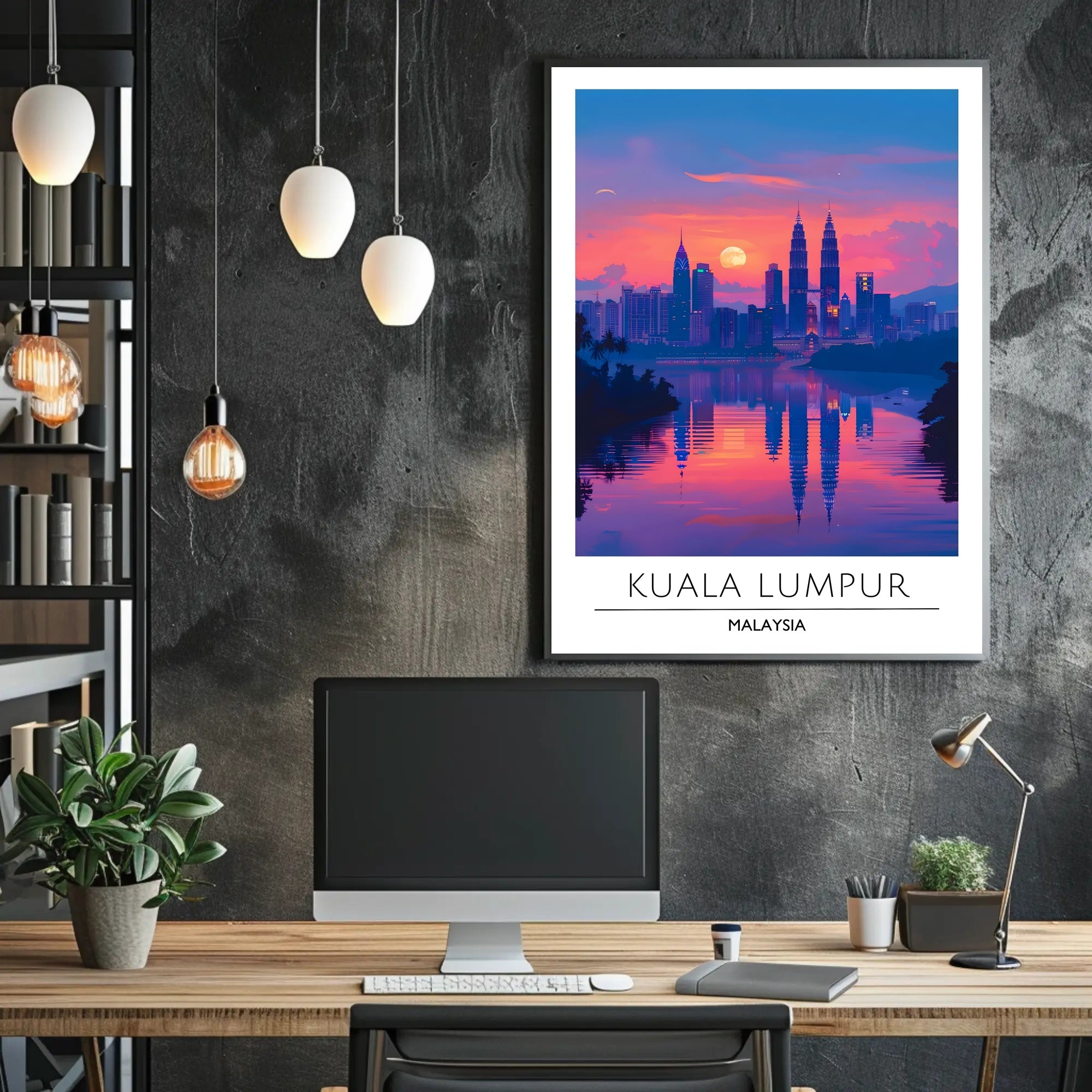 Kuala Lumpur skyline art with sunset urban cityscape poster