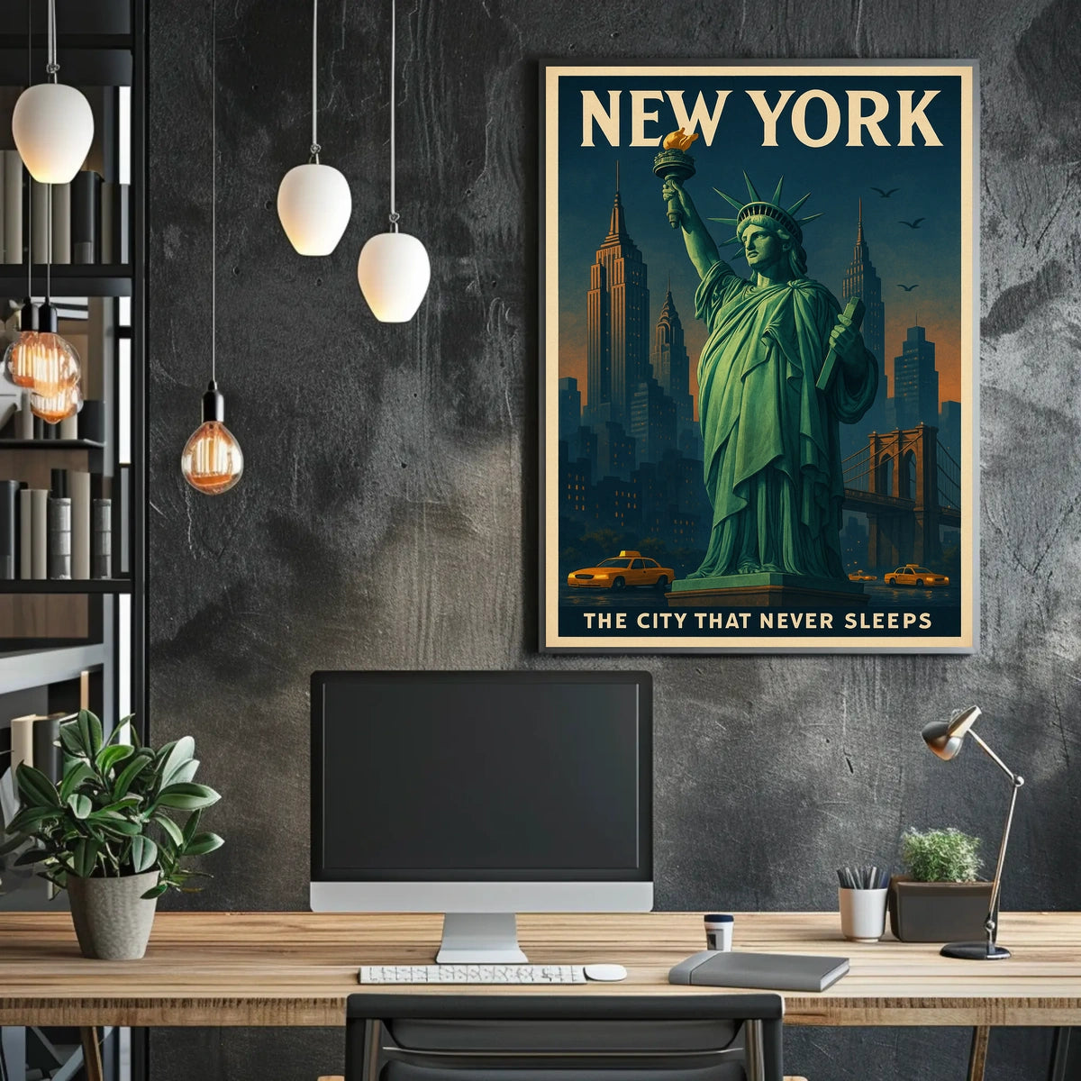 New York City Skyline And Landmarks Poster Vintage Wall Art
