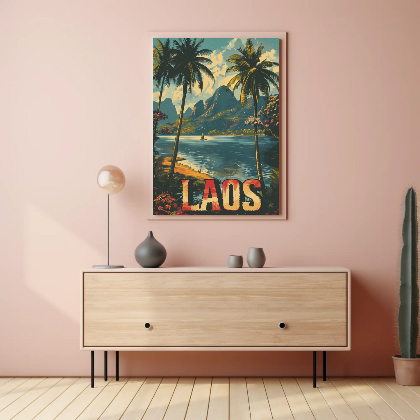 Laos Palm Trees River Mountain Jungle View Travel Poster