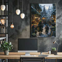 Medieval Snow Village Market Scene Fantasy or Mythology Poster PosterGoat