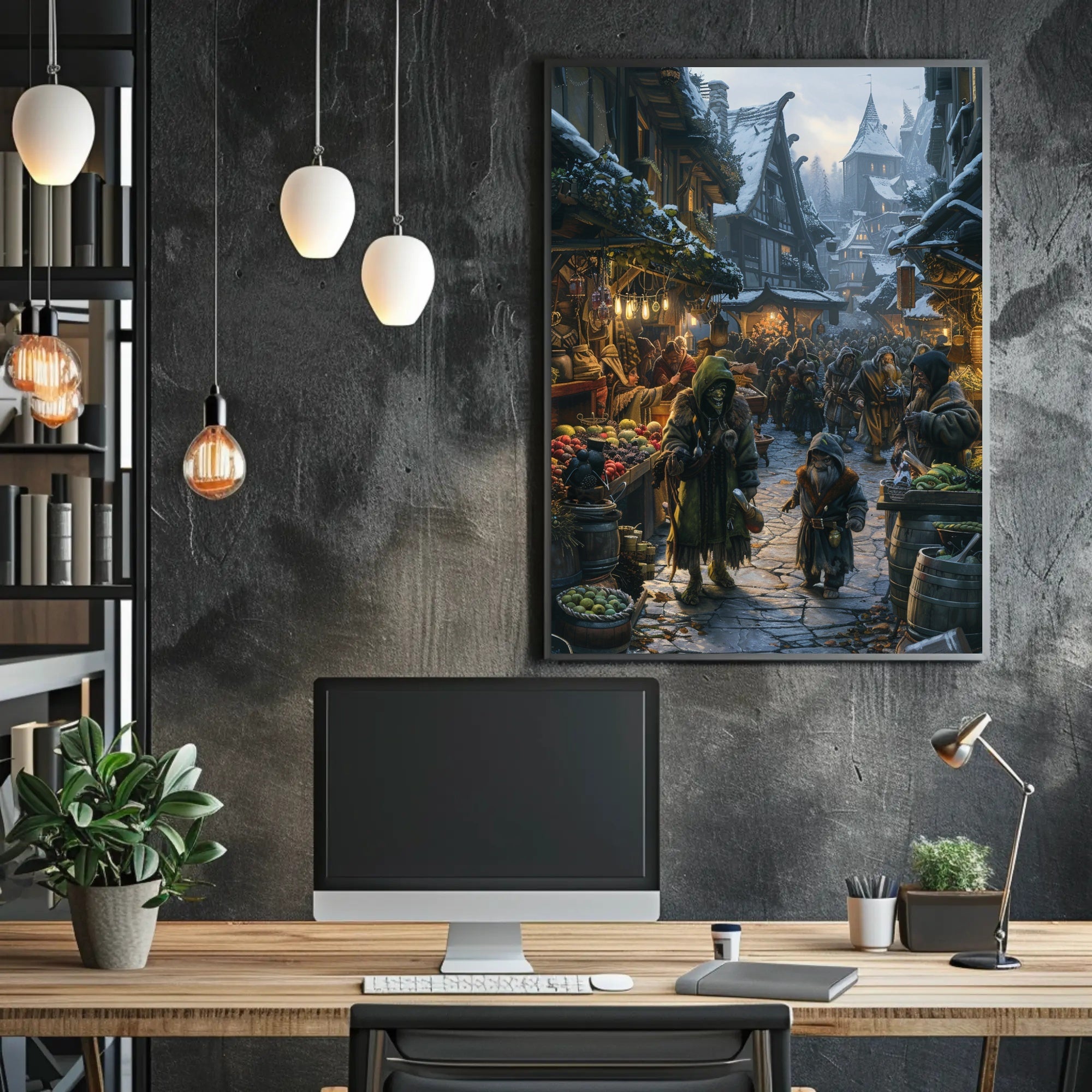 Medieval Snow Village Market Scene Fantasy or Mythology Poster PosterGoat