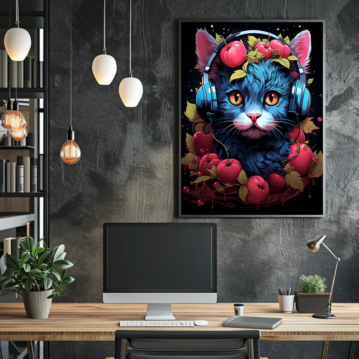 Cherries And Headphones Cat Poster