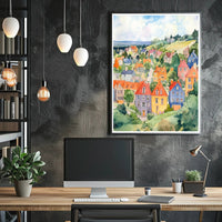Colorful Hillside Village Poster PosterGoat
