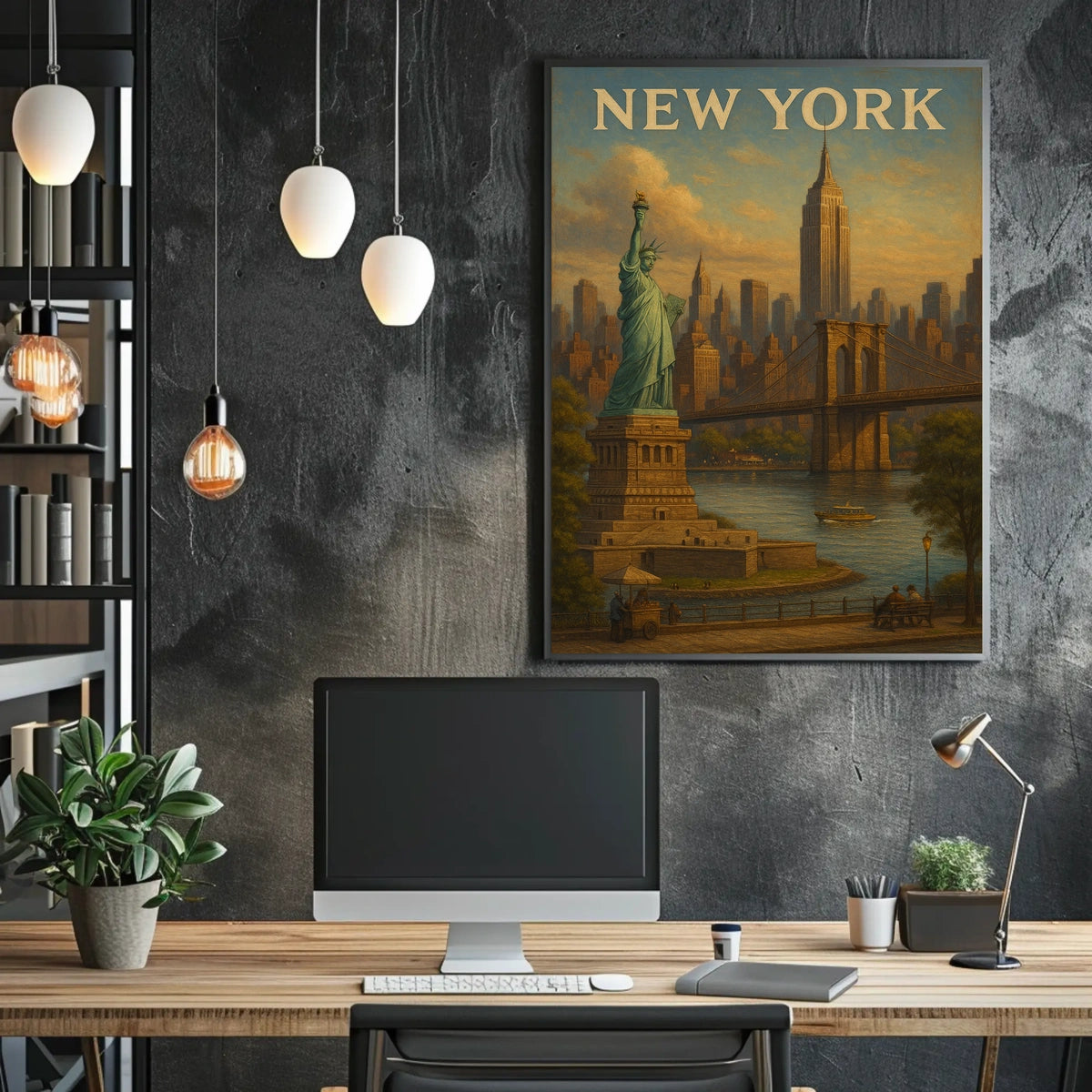 New York City Skyline Cityscape Poster Vintage Wall Art