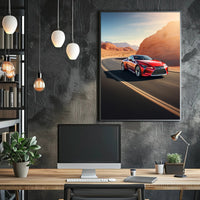 Sleek Red Sports Car on Desert Highway Poster PosterGoat