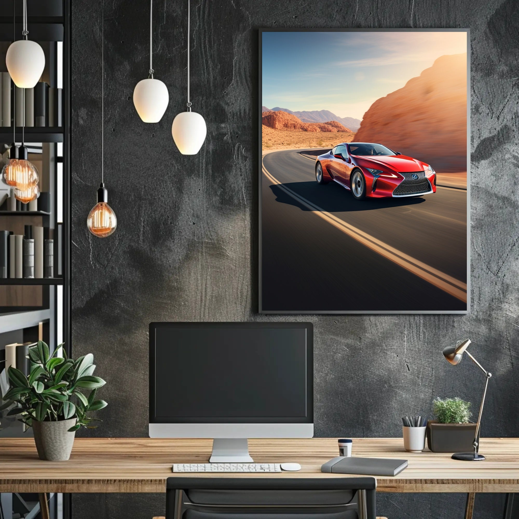 Sleek Red Sports Car on Desert Highway Poster PosterGoat