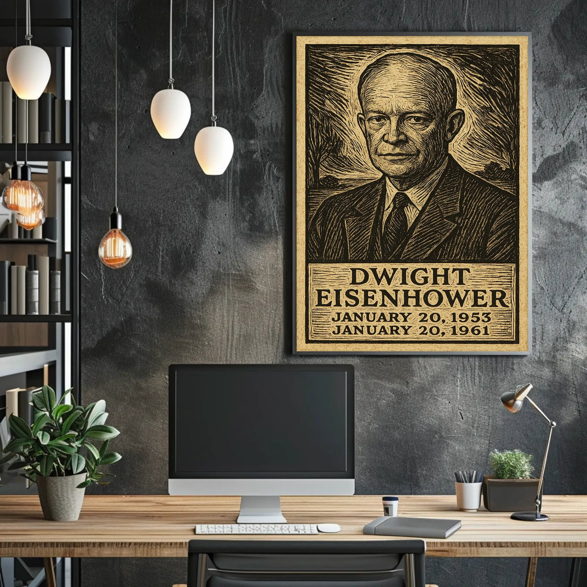 Eisenhower Portrait Midcentury Woodcut Patriotic Poster