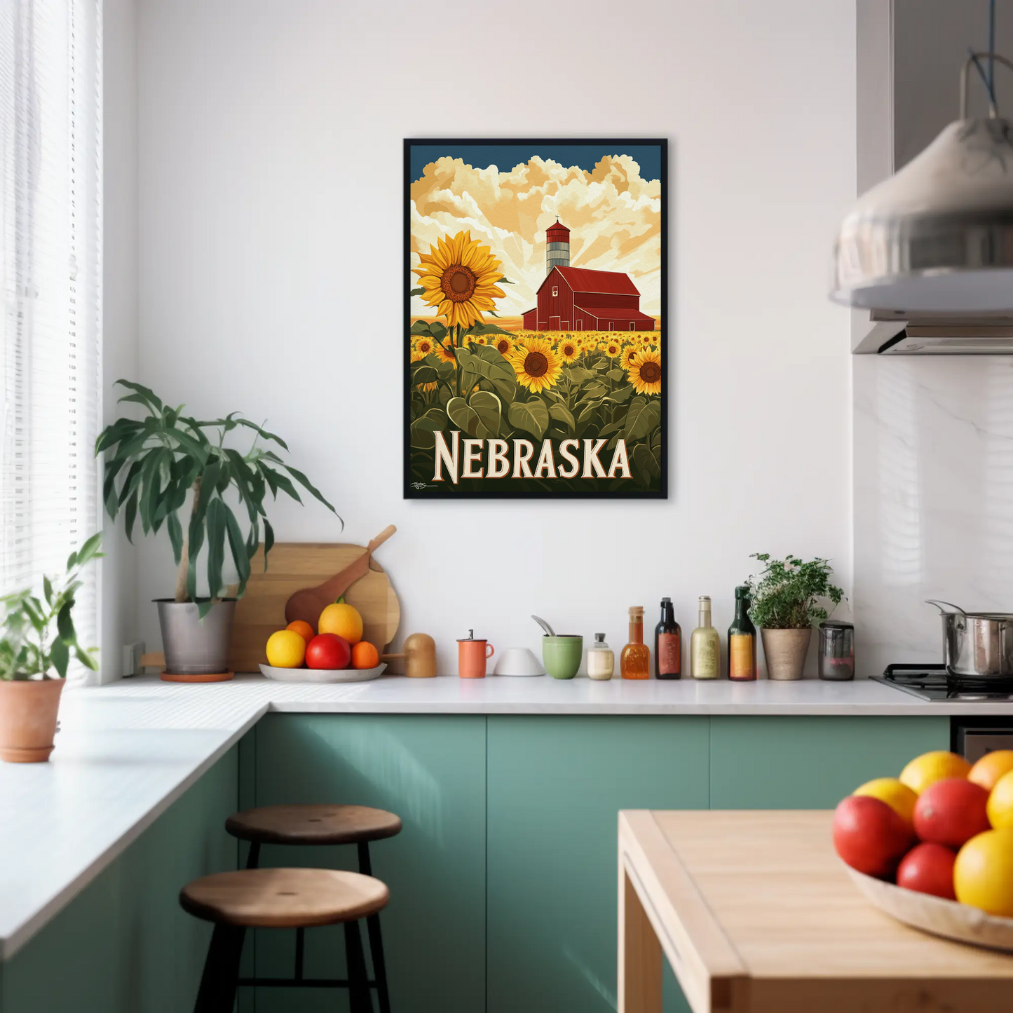 Nebraska Vintage Poster - Sunflower Barn