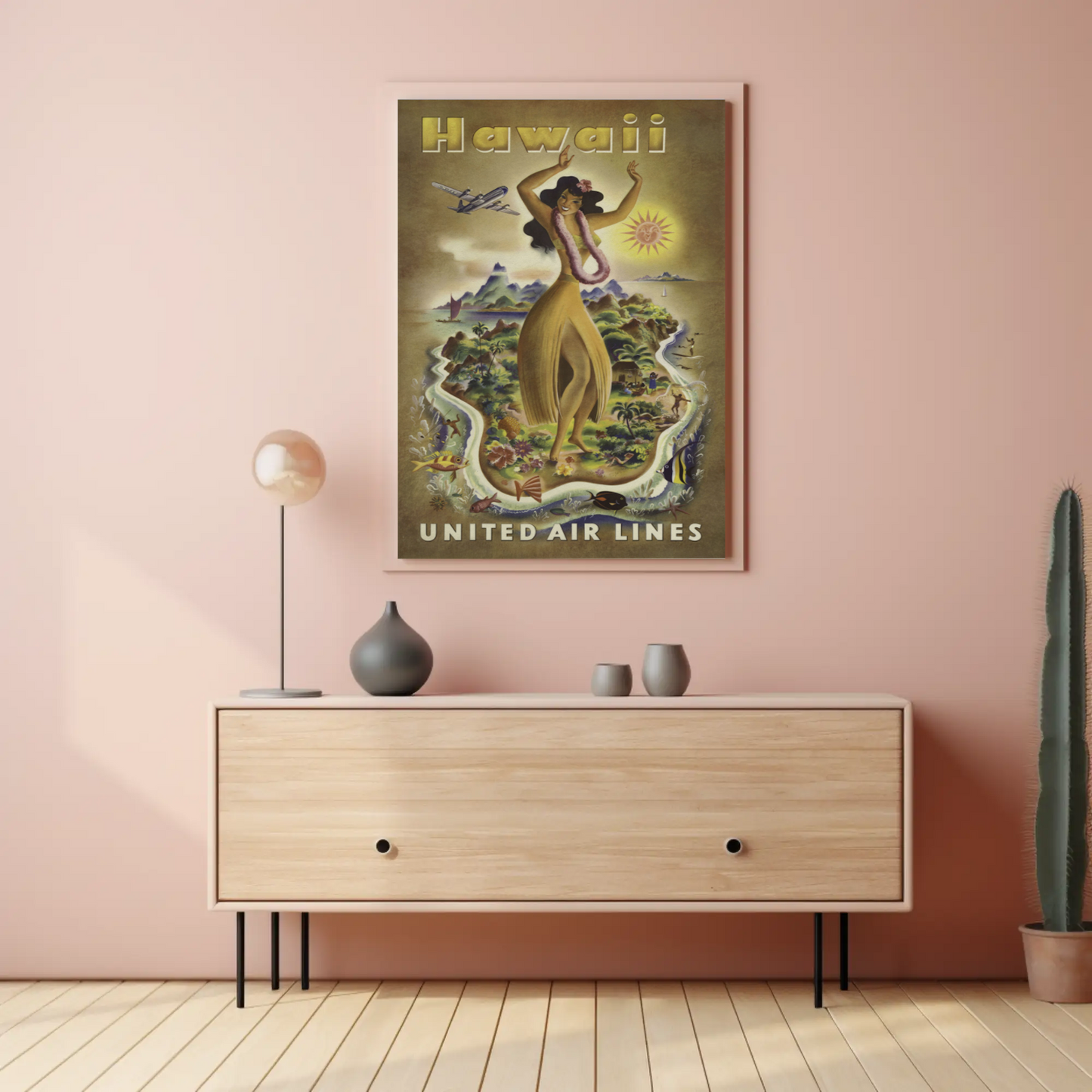 Hawaii Airlines Hula Girl Island Map Poster