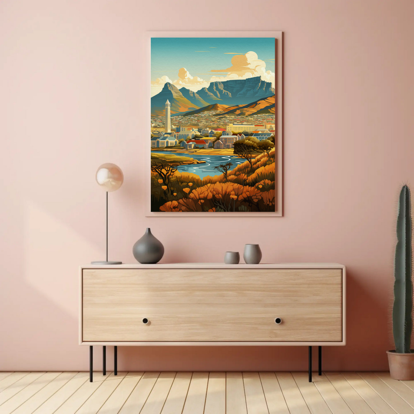 Cape Town Golden Hillside River Valley Mountains Travel Poster