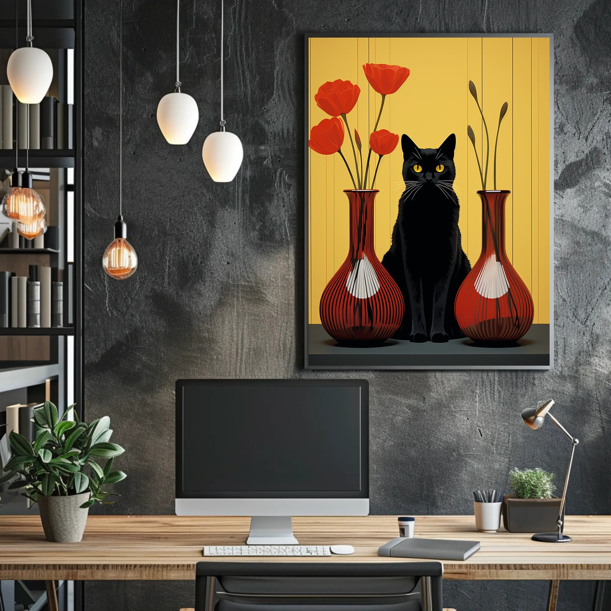 Black Cat And Red Vases Poster