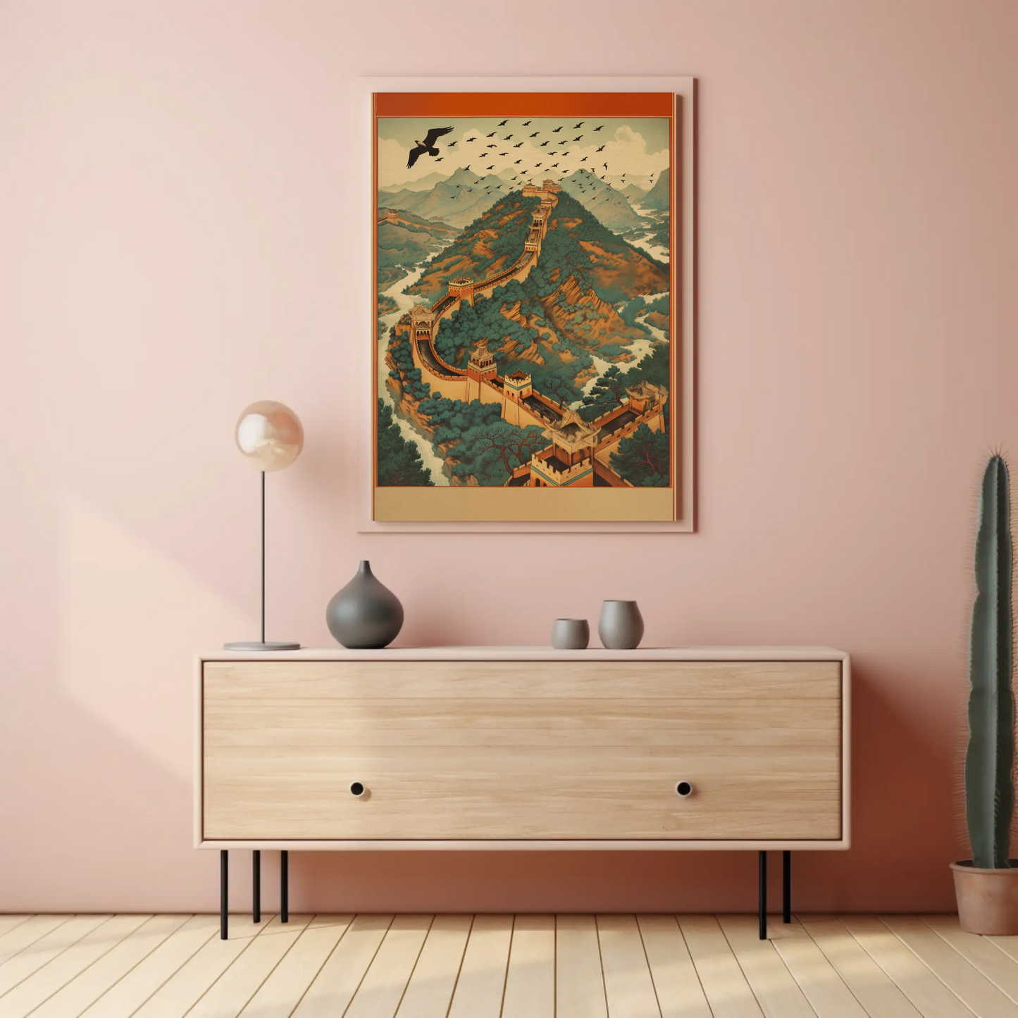 Great Wall Soaring Eagle Over Mountains Travel Poster