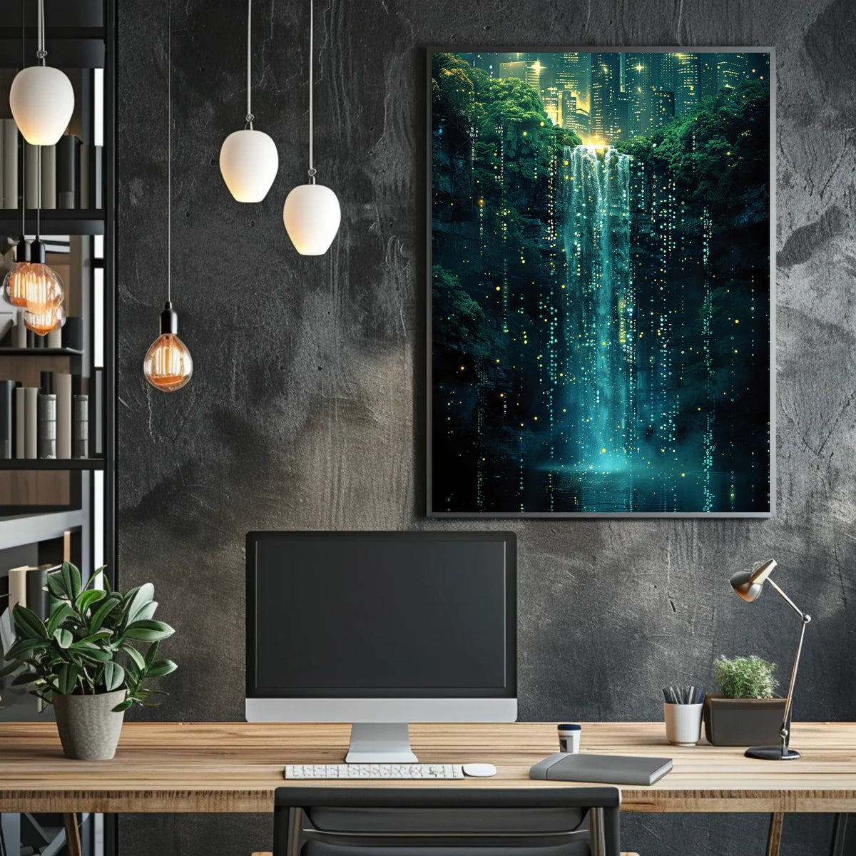 Neon Waterfall In The City Poster