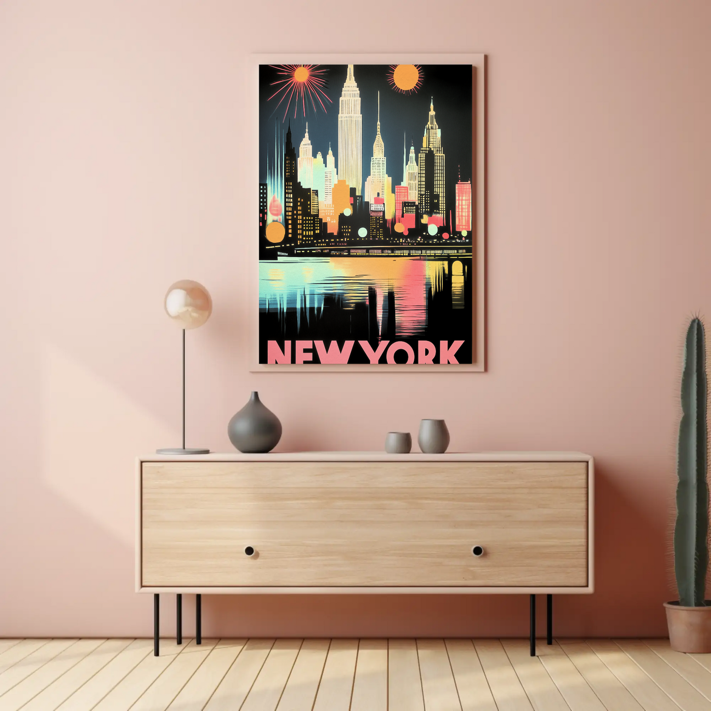 New York Night Skyline Neon Glow Lights Poster