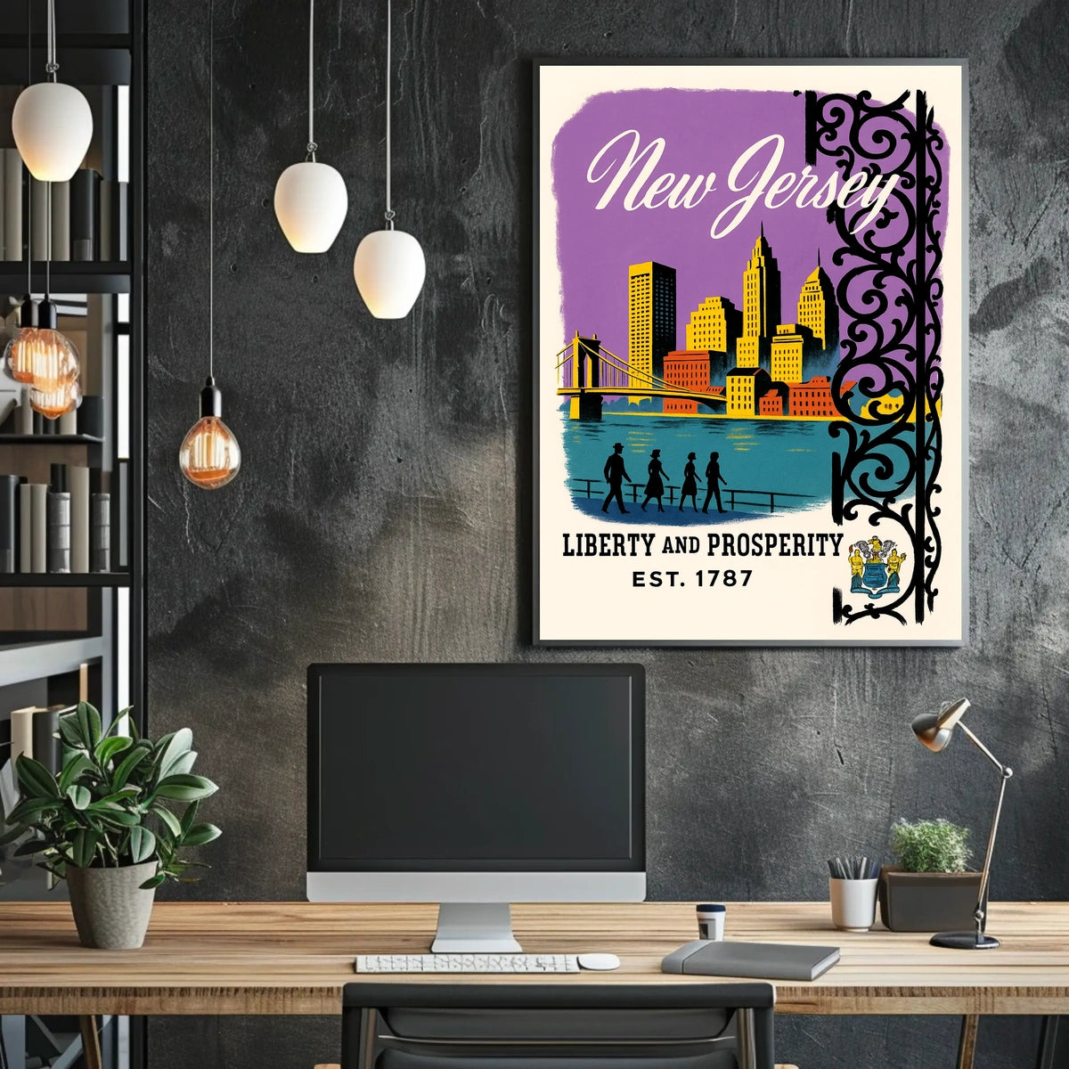 New Jersey Cityscape Bridge Purple Sky Vintage Poster