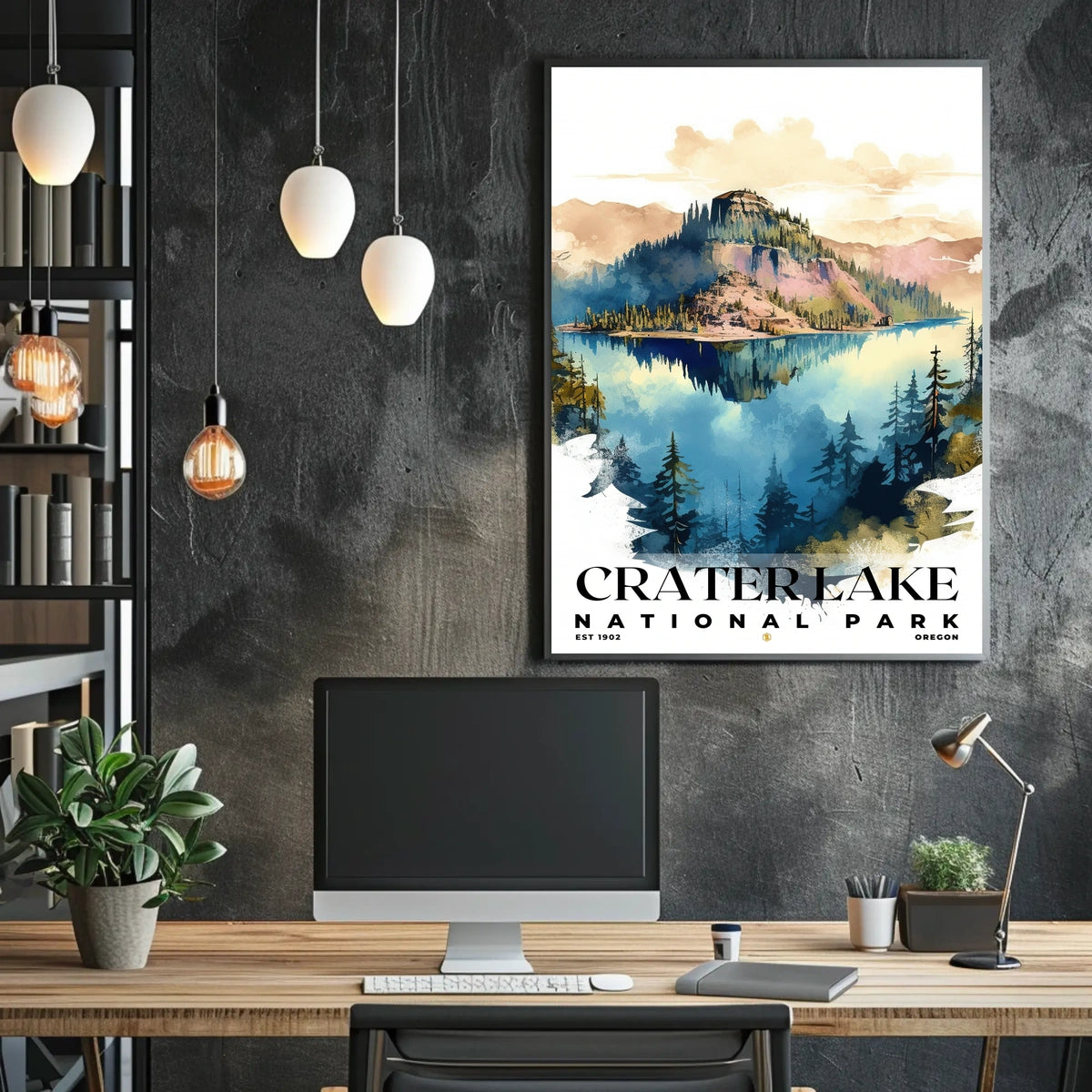 Crater Lake Watercolor Wall Art Poster