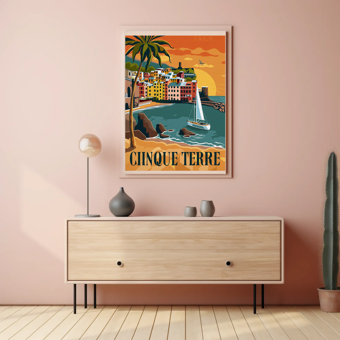 Cinque Terre Italy Vibrant Sunset Harbor Travel Poster