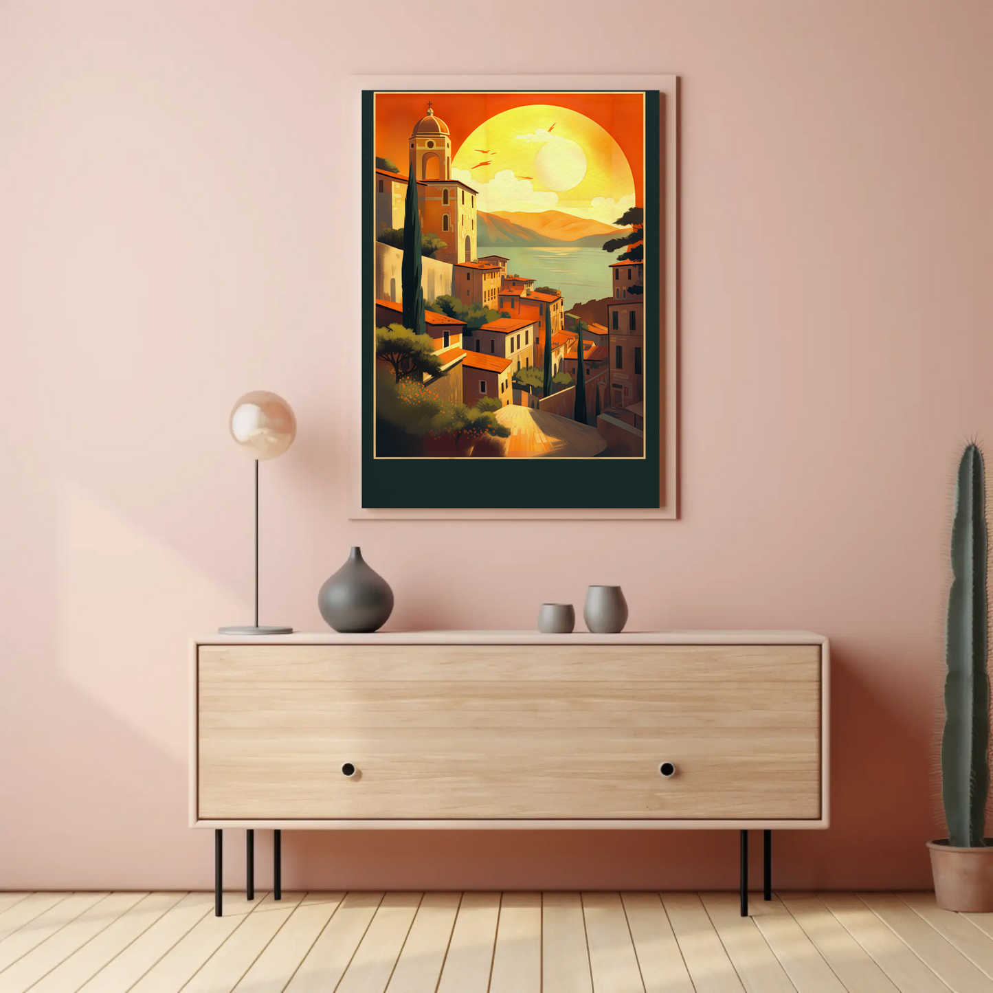 Sunset Over Mediterranean Village Coastline Travel Poster