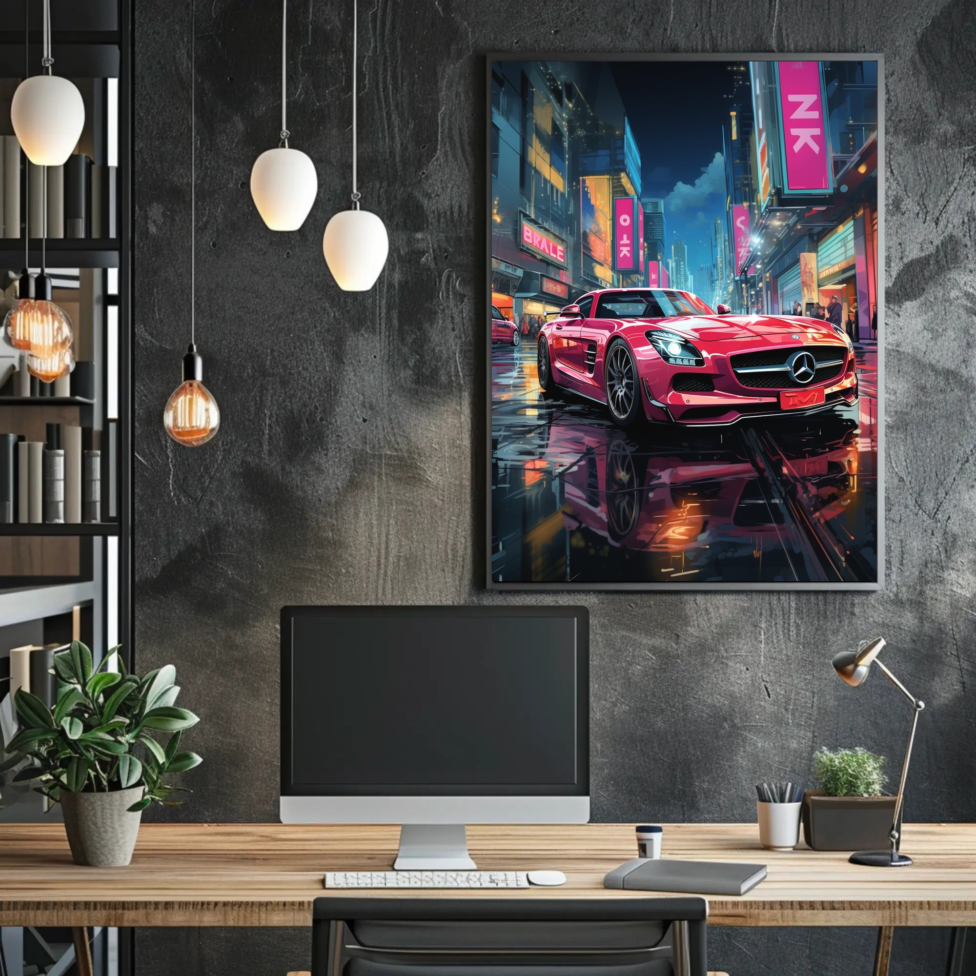 Futuristic Cityscape Sports Car Neon Lights Poster
