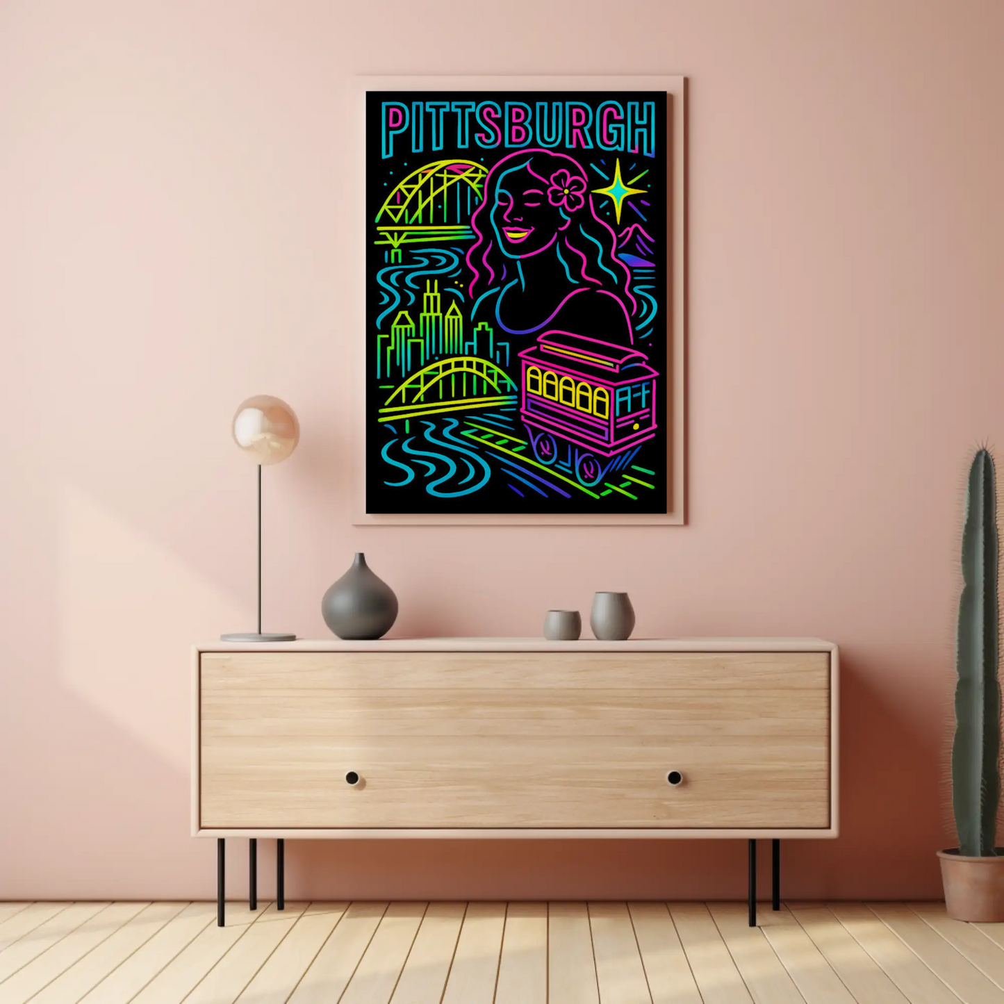 Pittsburgh Neon Bridge Trolley Skyline Travel Poster