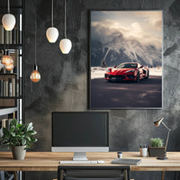 Sleek Red Sports Car in Alpine Landscape Poster PosterGoat