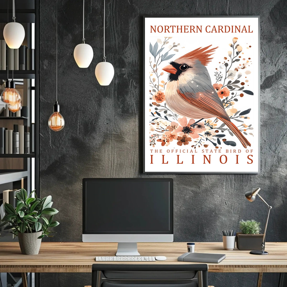 Northern Cardinal Nature Art Poster with Watercolor Effect