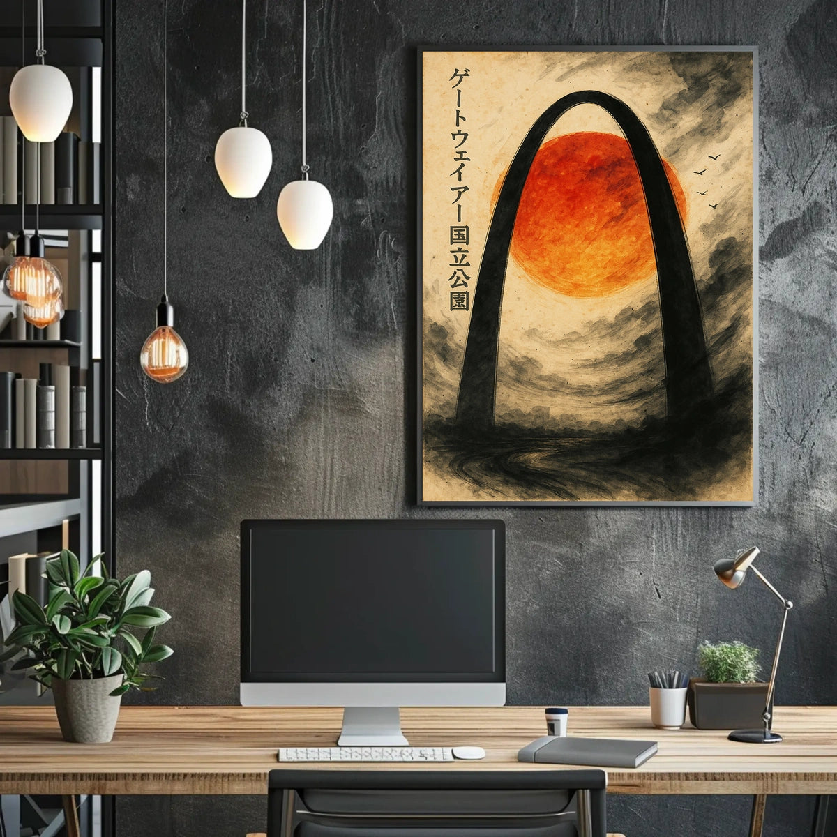 Stylized Arch and Red Sun Vintage Artistic Japanese Poster