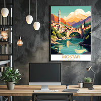 Mostar Vibrant Arched Bridge Travel Poster