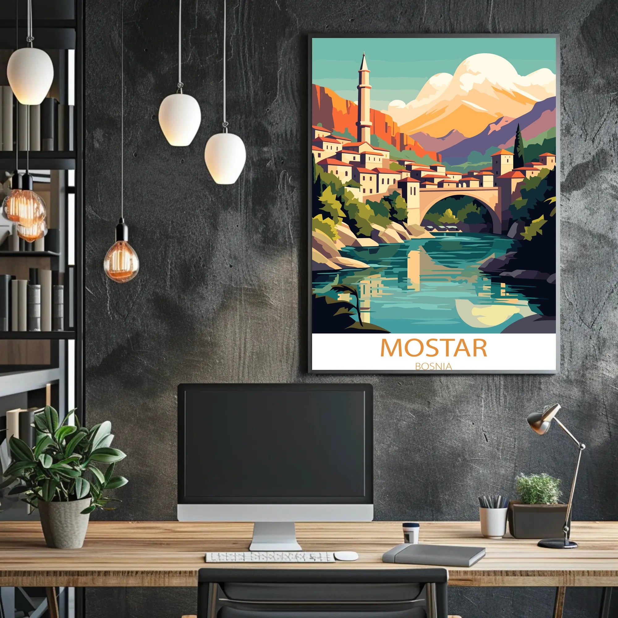 Mostar Vibrant Arched Bridge Travel Poster