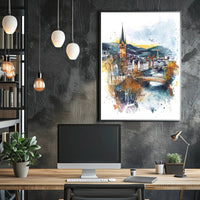 Enchanting Riverside Town Poster PosterGoat