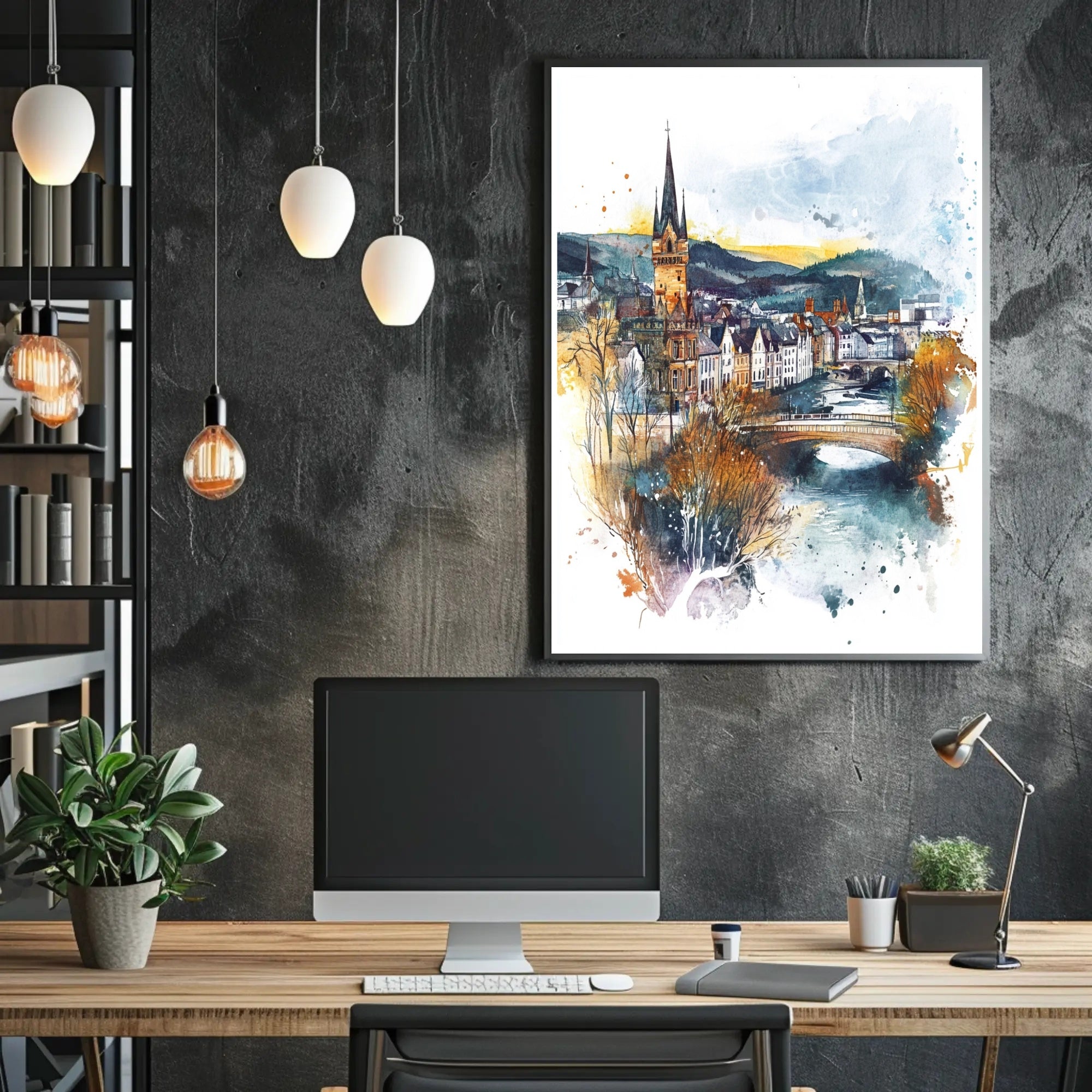 Enchanting Riverside Town Poster PosterGoat