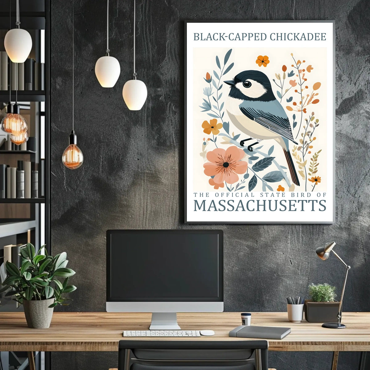 Black-Capped Chickadee Massachusetts Heritage Art Poster