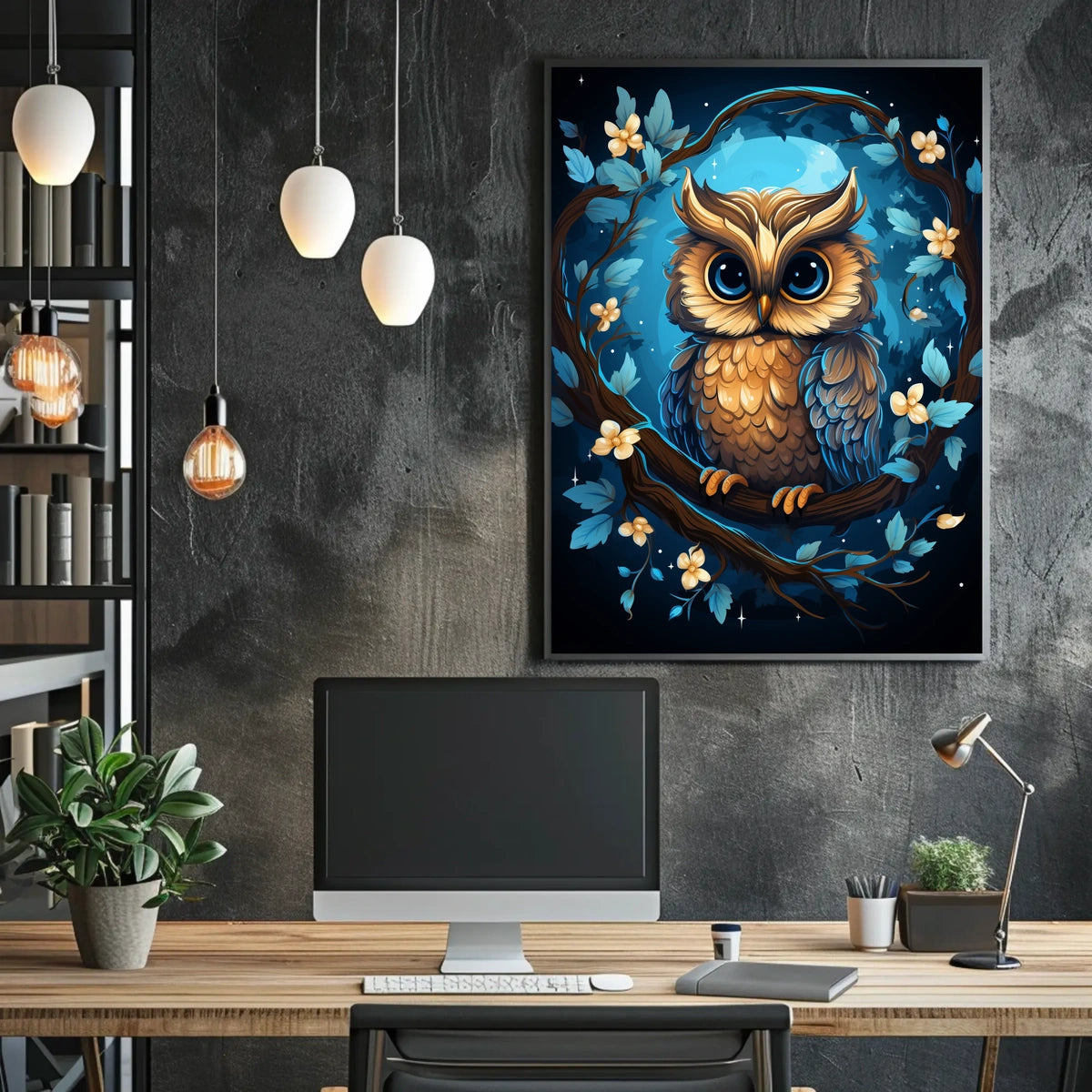 Moonlit Guardian Whimsical Owl Digital Painting Poster