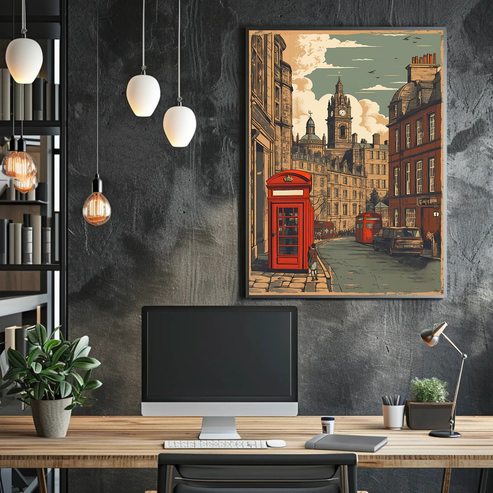 Vintage Cityscape with Red Telephone Booth Poster