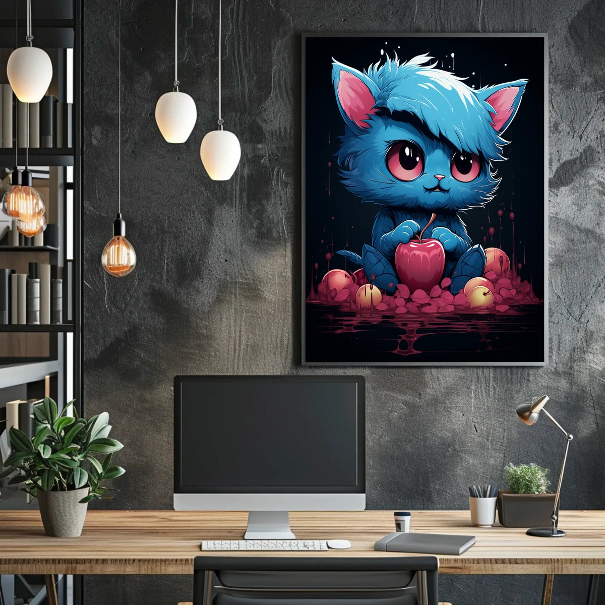 Enigmatic Blue Cat With Apple Poster
