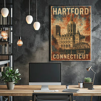 Hartford Connecticut Vintage Architectural Travel Art Deco Retro Eighties Historic Capitol Skyline Civic Pride Poster