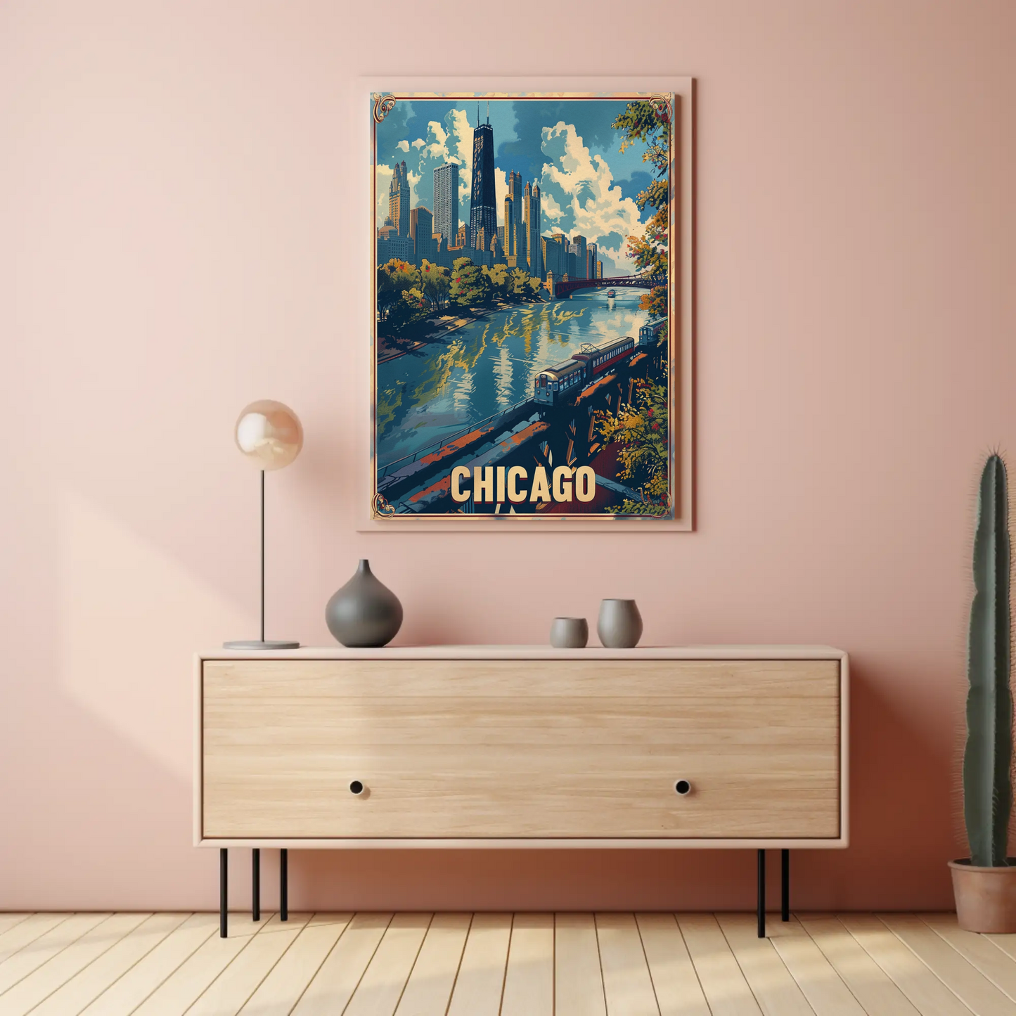 Chicago Train City Buildings Waterfront Skyline Travel Poster