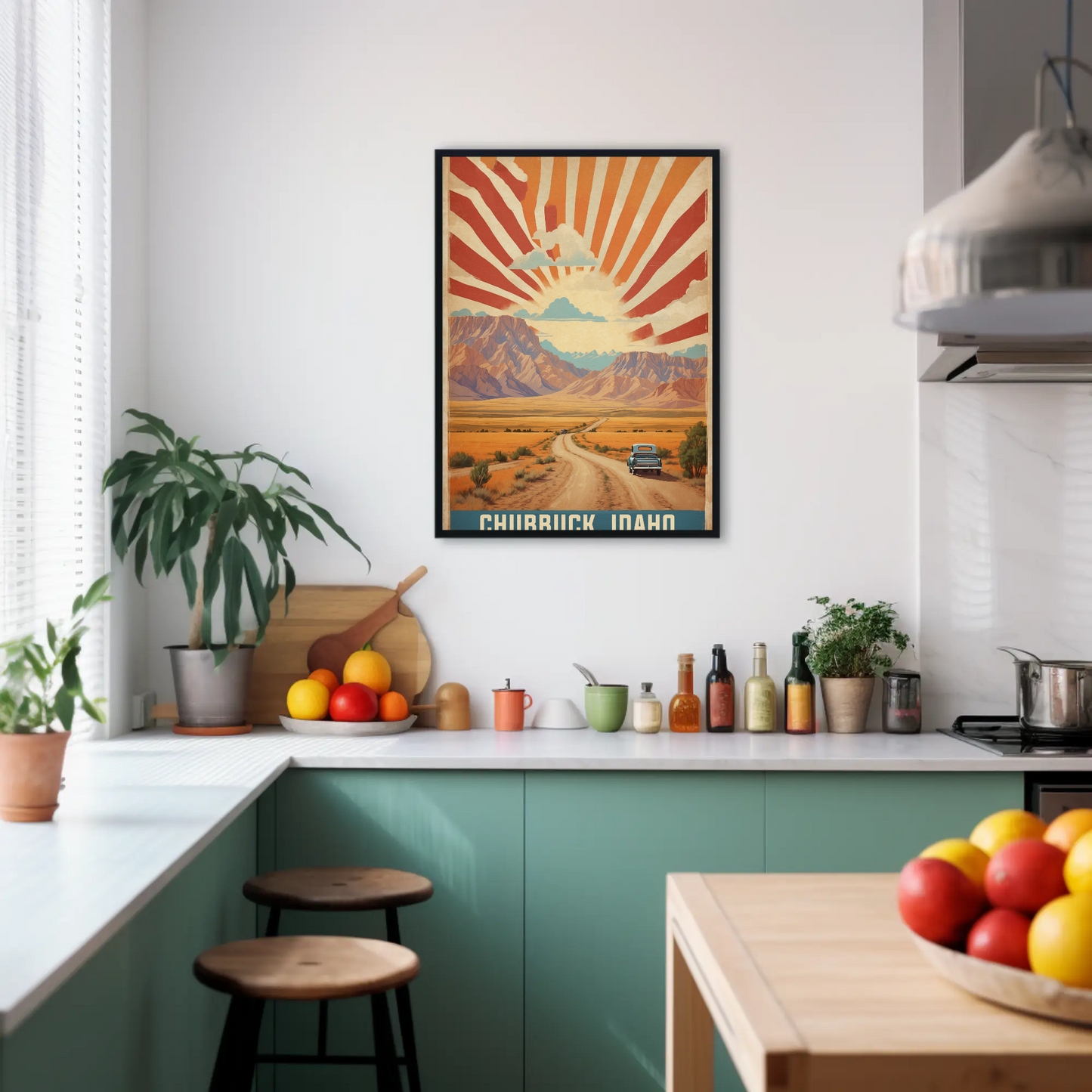 Chubbuck Idaho Sunset Road Desert Mountains Vintage Travel Poster