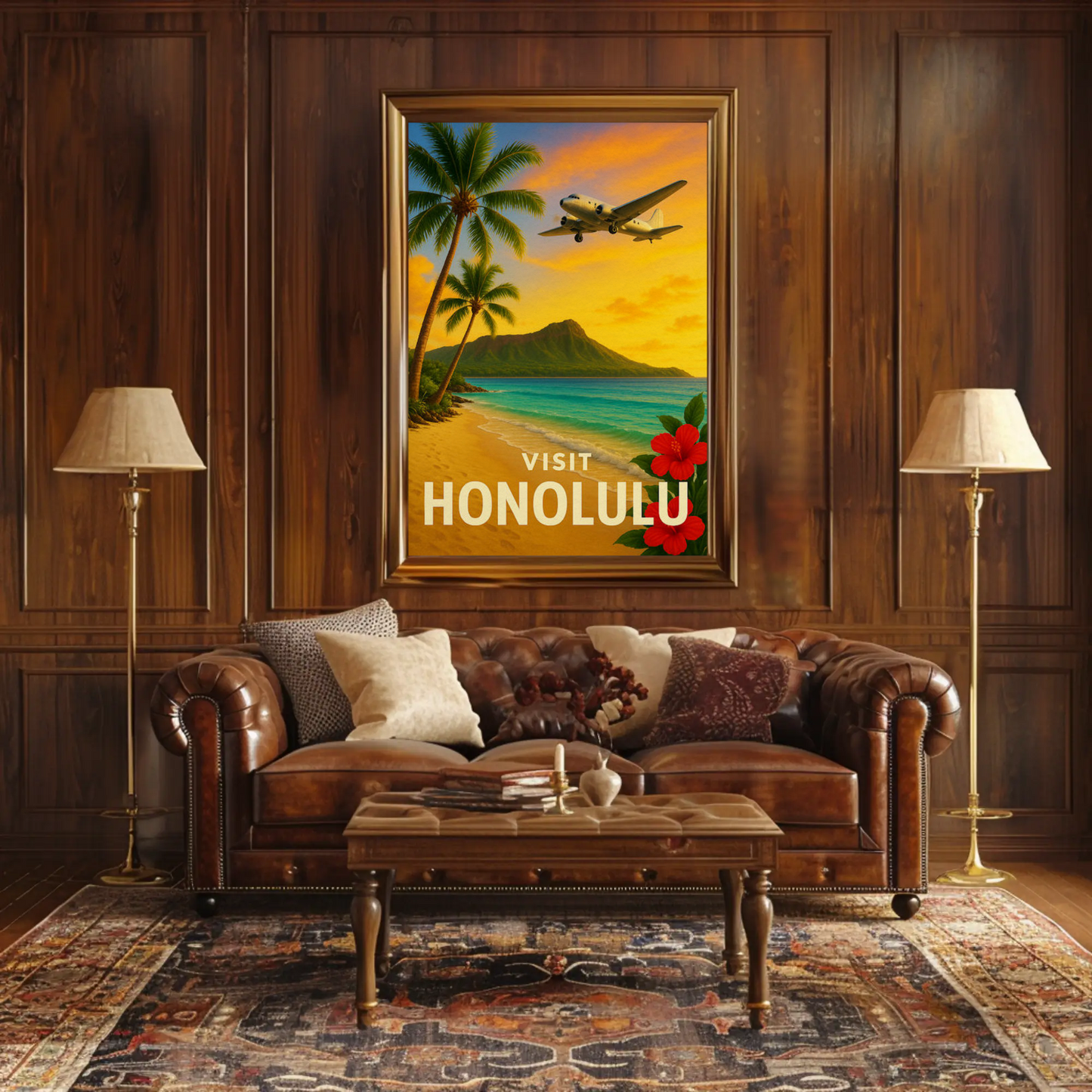 Visit Honolulu Hawaii Vintage Plane Palm Beach Travel Poster