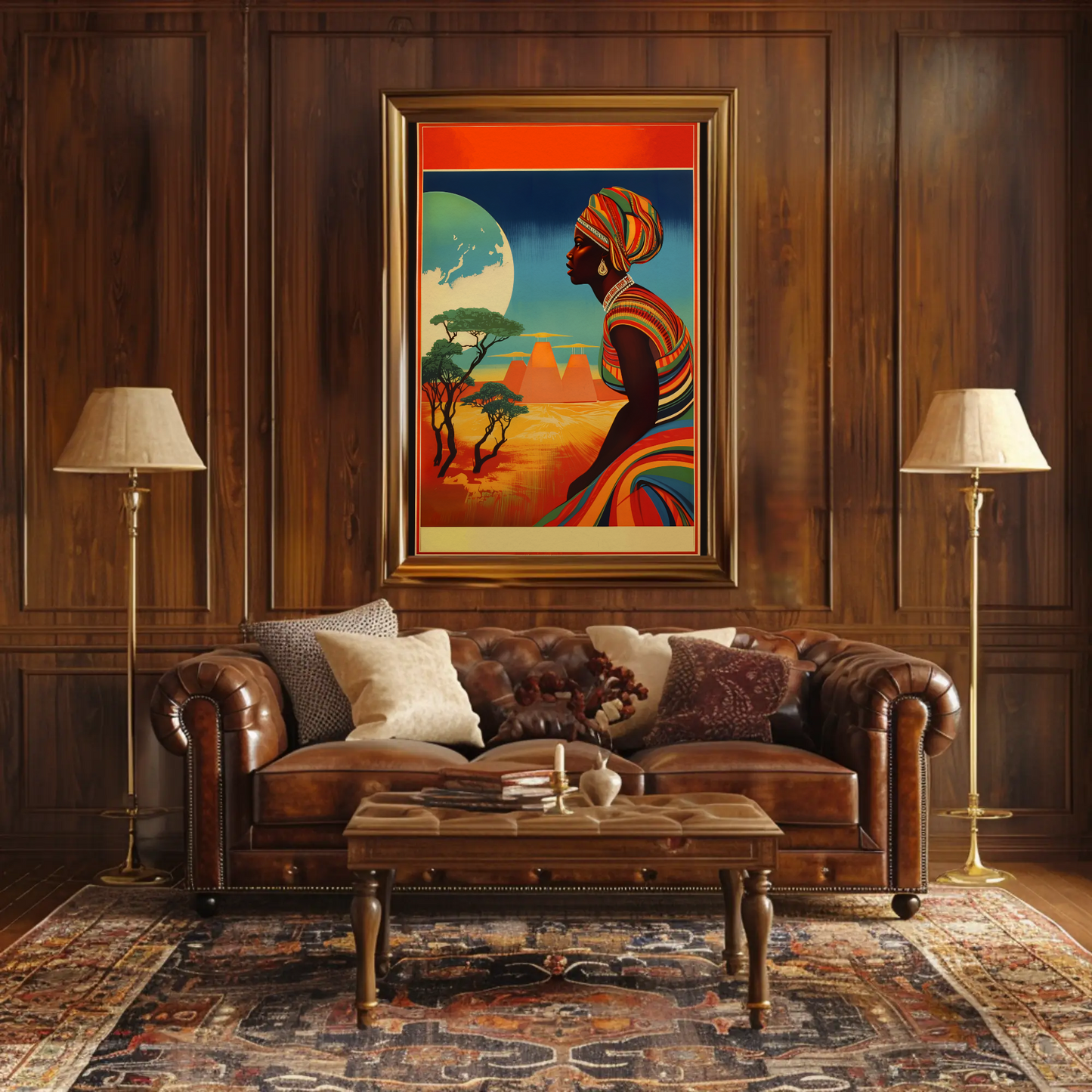 African Woman Desert Moon Landscape Travel Poster