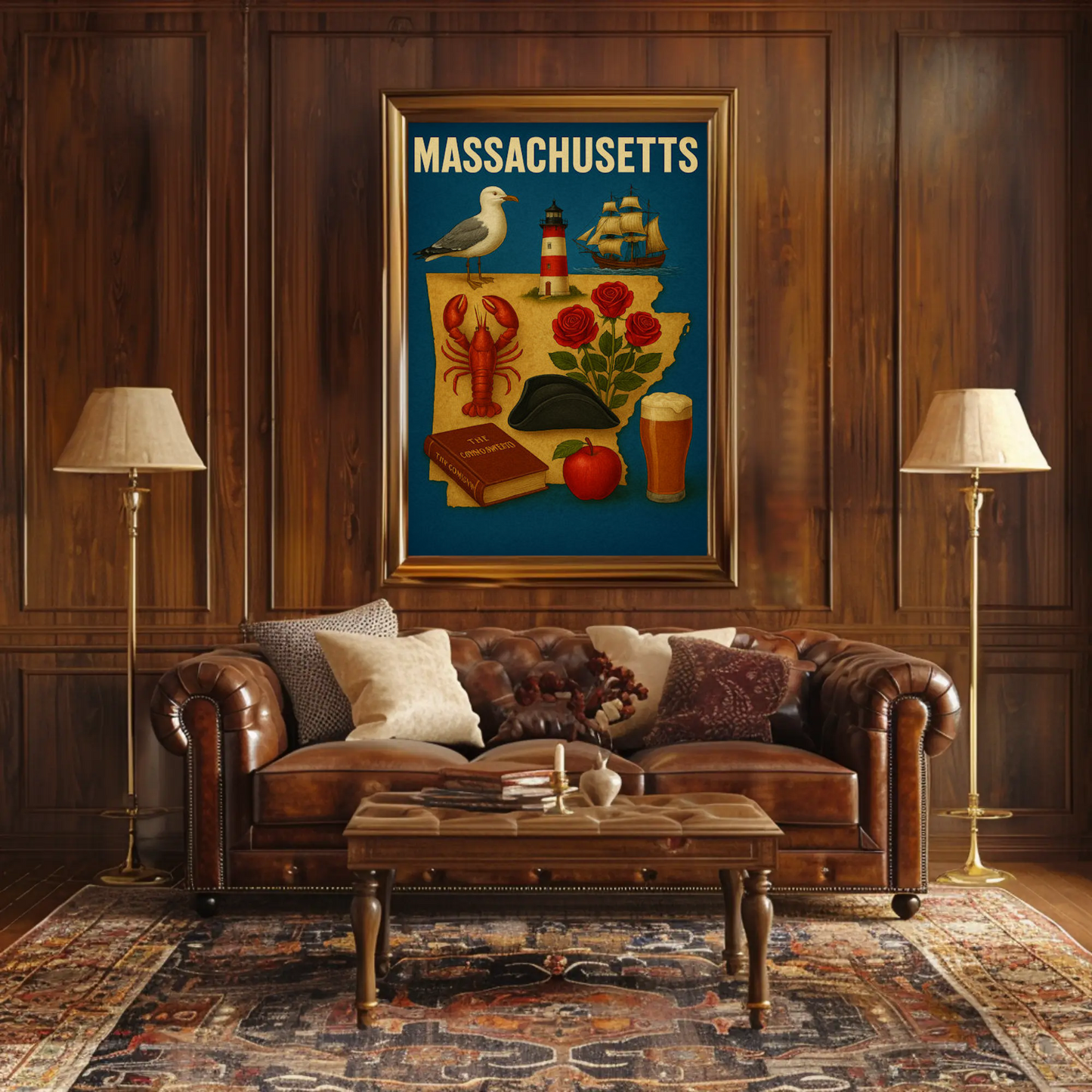 Massachusetts Symbols Map Lobster Ship Hat Poster