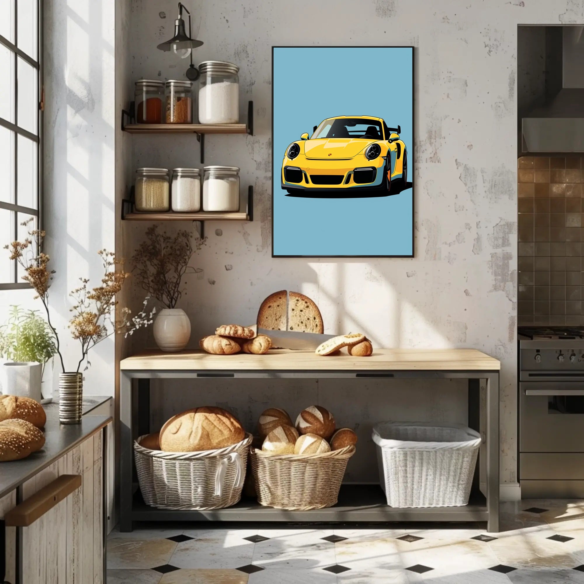 Vibrant Yellow Sports Car Illustration Poster PosterGoat