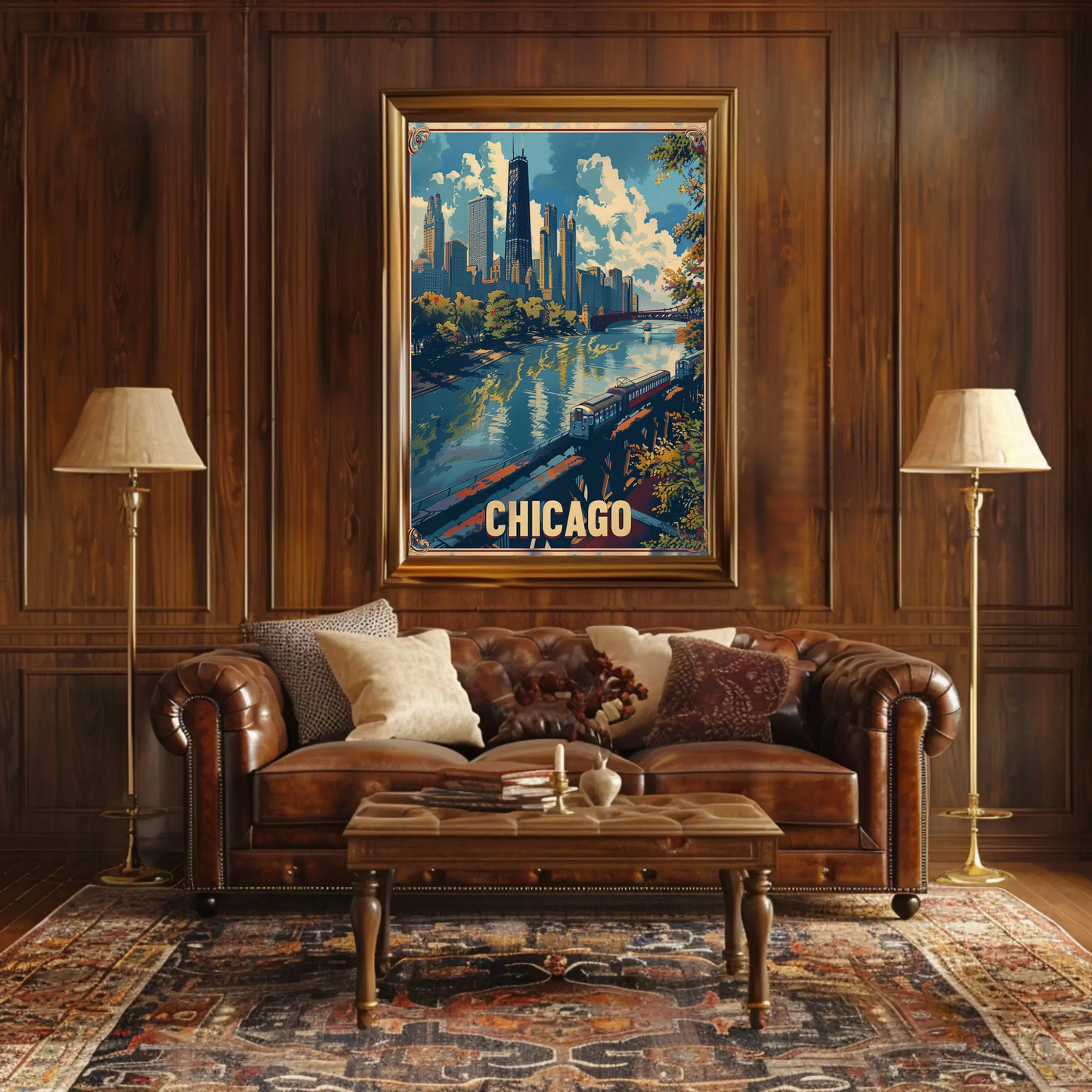 Chicago Train City Buildings Waterfront Skyline Travel Poster