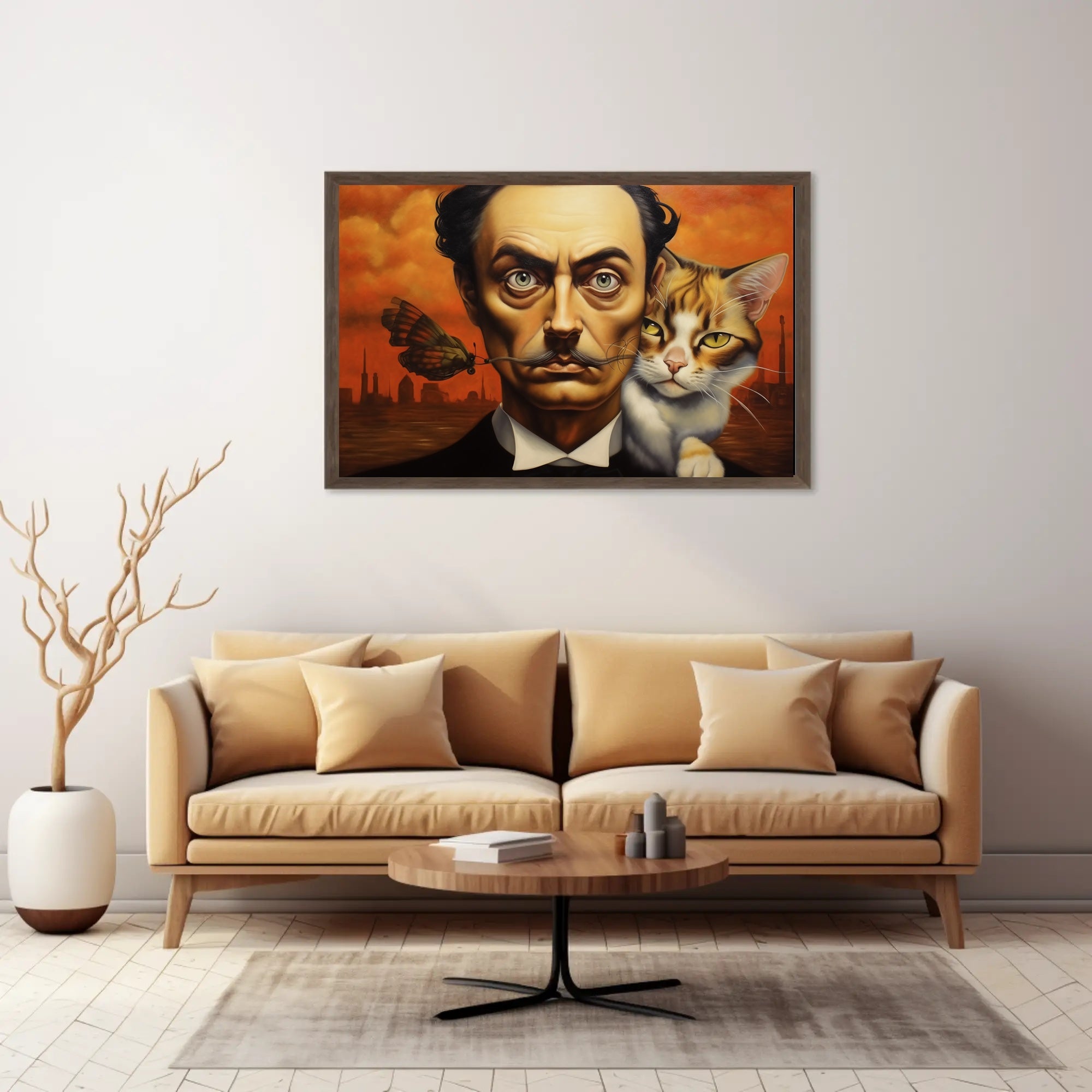 Surreal Urban Portrait with Man and Cat – Artistic Poster