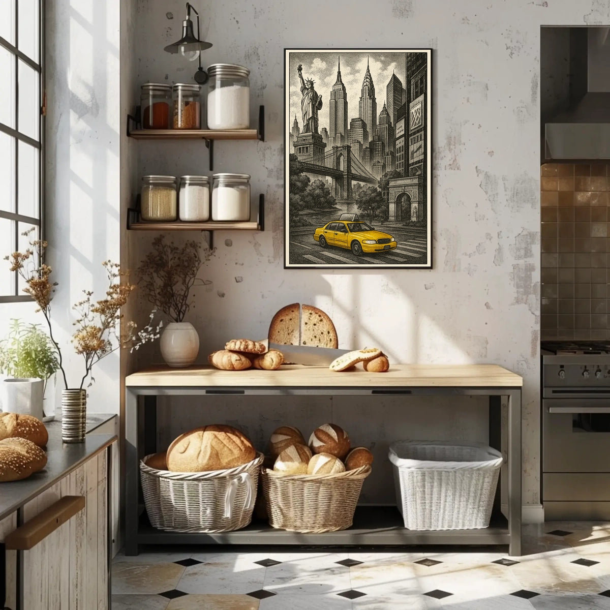 New York City Taxi Scene Poster Vintage Wall Art