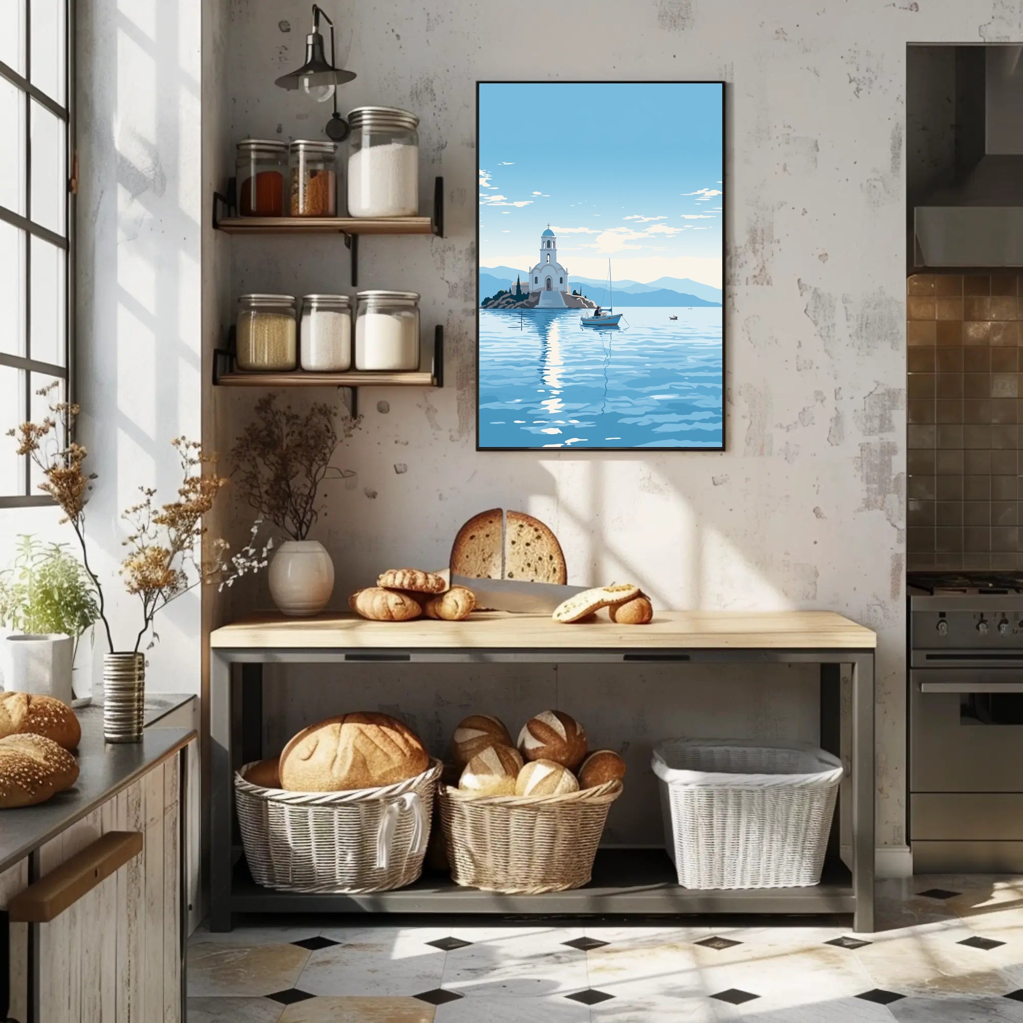 Serene Greek Coastal Church Travel Poster