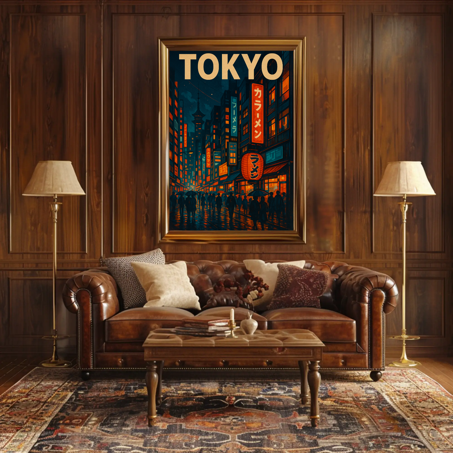 Tokyo Night Rain Lantern Travel Poster