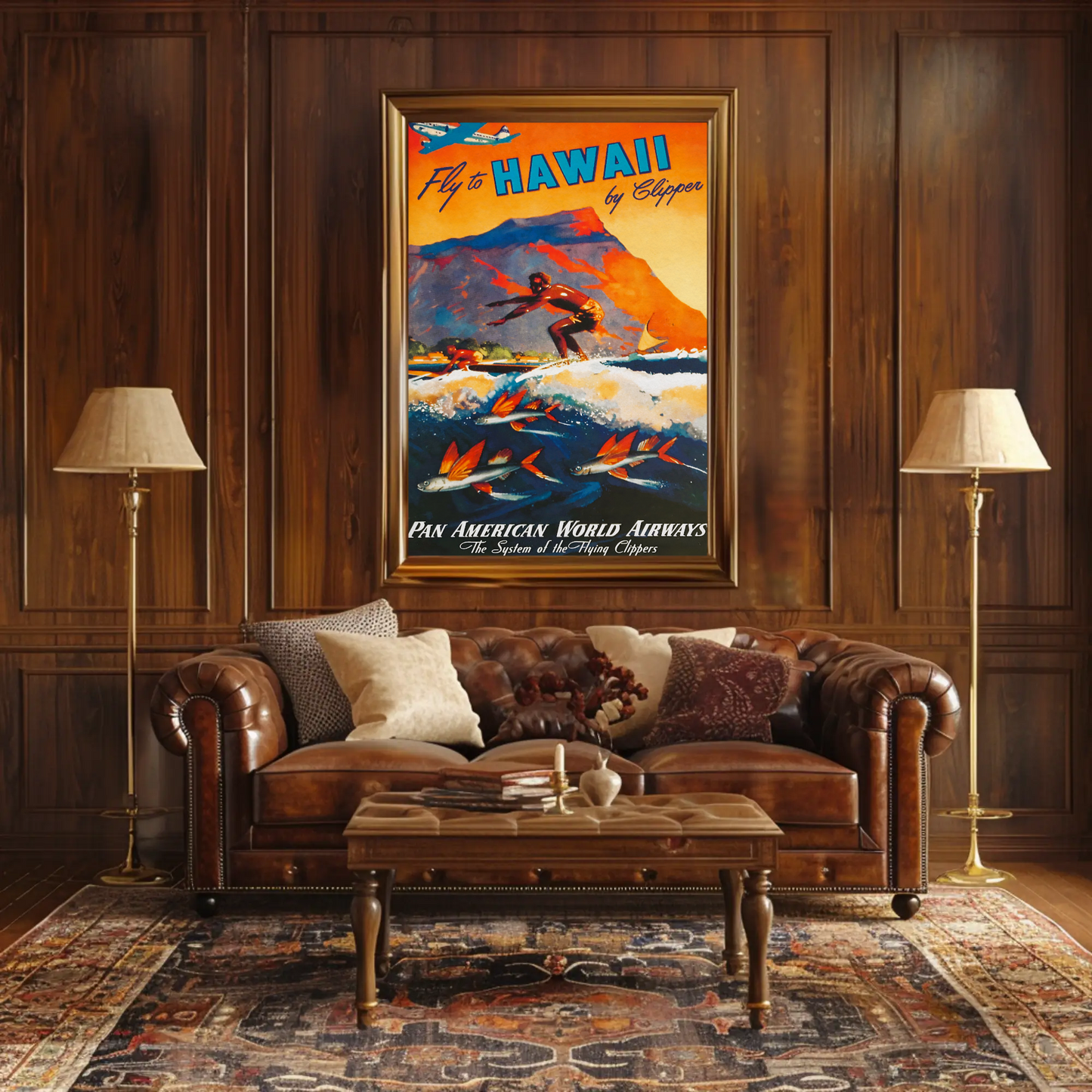 Fly To Hawaii Clipper Surfer Vintage Travel Poster