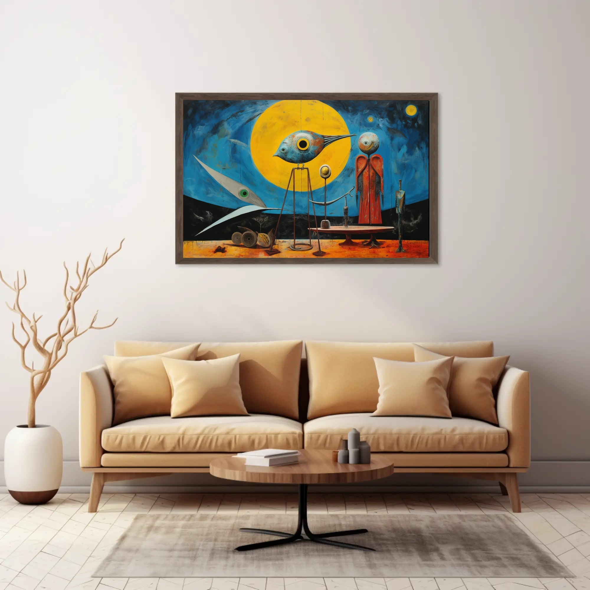 Surrealistic Abstract Art Poster with Bird and Humanoid Figures