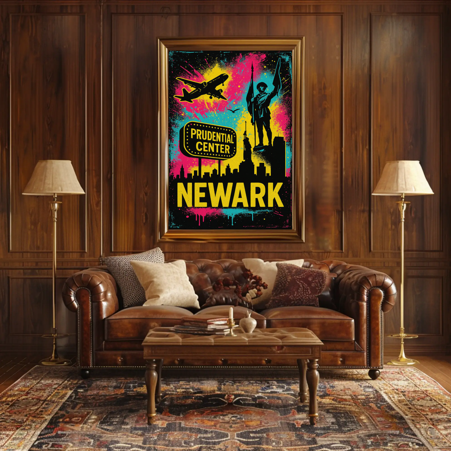 Newark New Jersey Neon Prudential Center Skyline Travel Poster